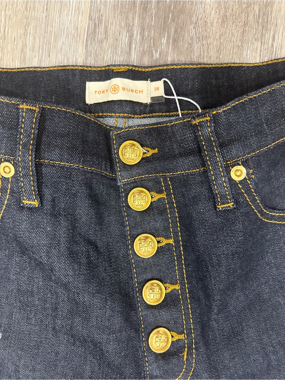 Tory Burch Indigo Denim pants with Gold Logo Buttons